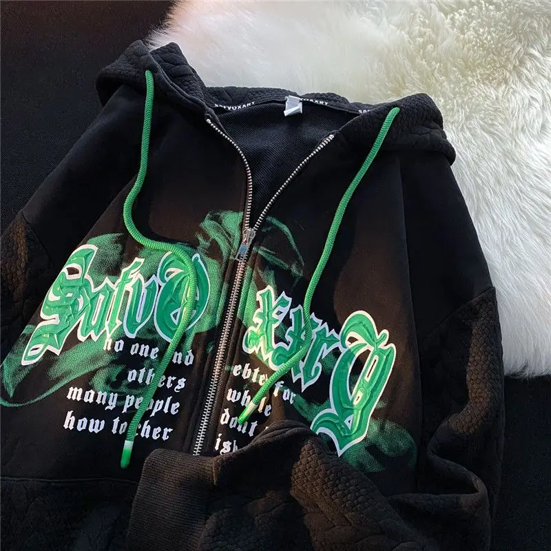 

American Retro Graffiti Letter Print Hooded Cardigan Hoodies Women Couple Long Sleeve Loose Street Hiphop Jacket Men Coat Autumn