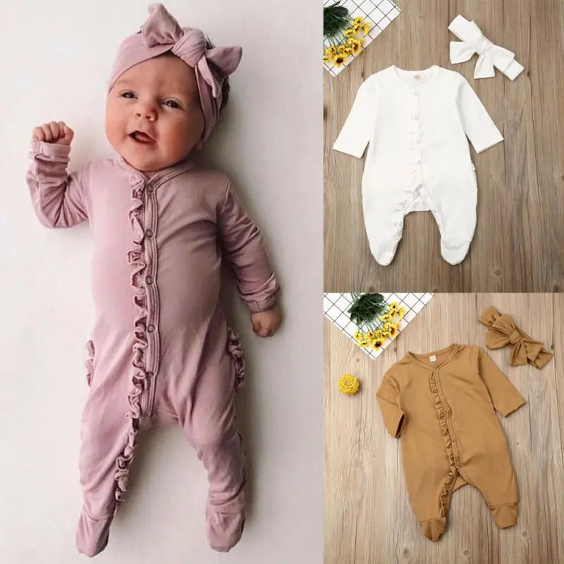 

Baby Girl Solid Color Rompers with Headband Ruffled Jumpsuits Long Sleeve Footies 0-12M Newborn Infant Spring Fall Sleepwear