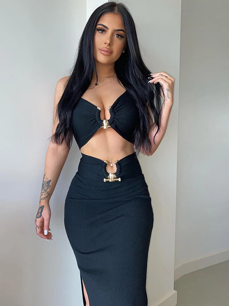 

Hollow Out Metal Ring Bodycon Women Dress Cross Collar Sleeveless Side Split Ruched Black Midi Dress Sexy Female Party Vestidos