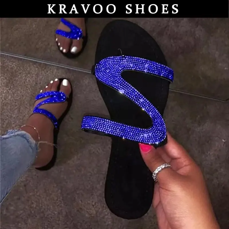 KRAVOO Women Shoes Z-shaped Rhinestone Beach Sandals For Women Flip Flops Slippers Women Plus Size Female Shoes Summer 2023