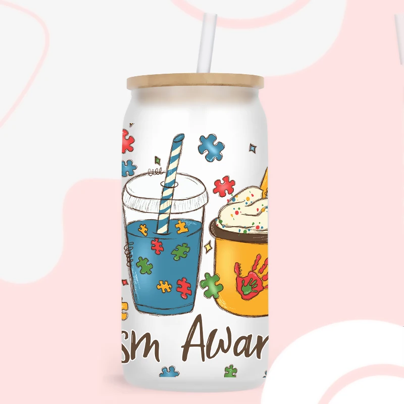 Мультяшный аутизм 3D UV DTF переводная наклейка для 16oz Libbey очки обертывает бутылки