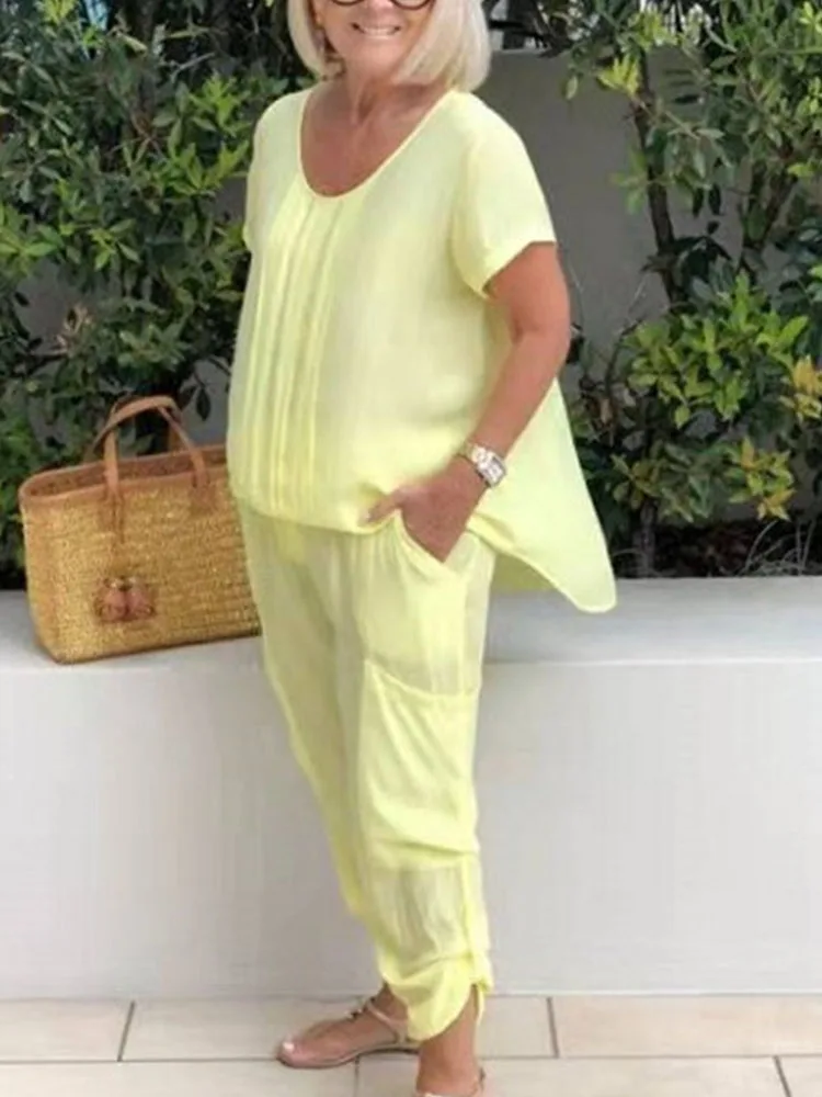 

Women Summer Cotton Linen Sets Casual Solid Breathable Streetwear Suits Ladies Loose Long Wide Legs Pants Two Piece Sets 2022