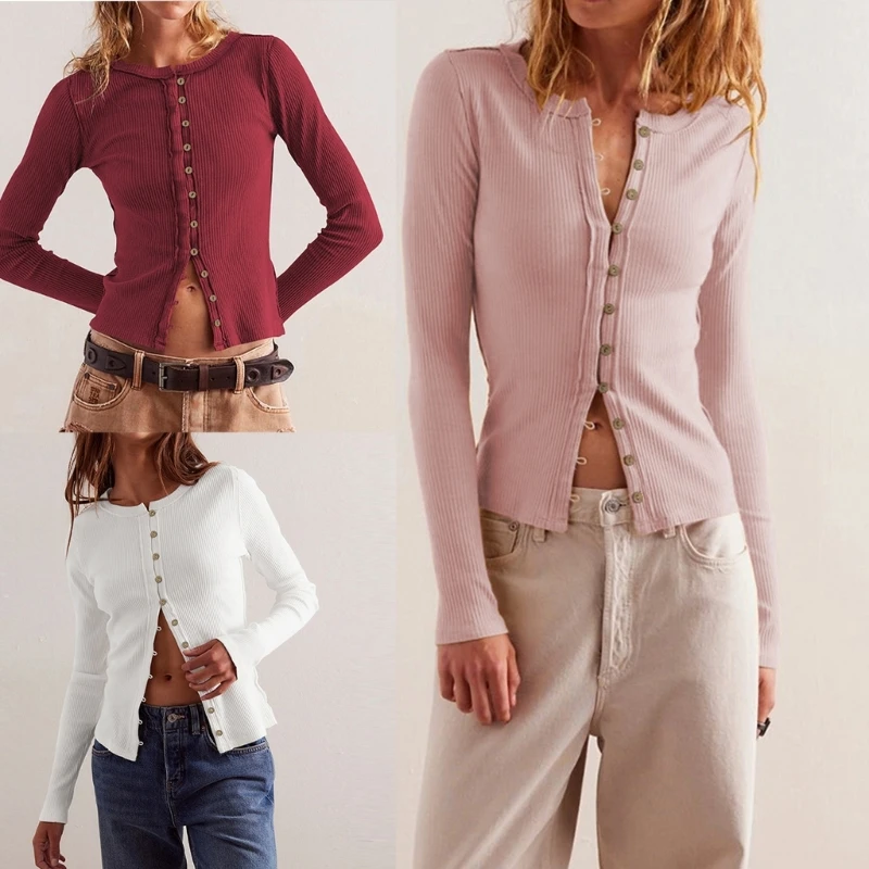 95AB женский вязаный кардиган в рубчик с длинными рукавами повседневный трикотаж