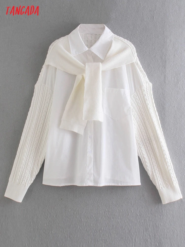 

Tangada Women Retro Sweater Patchwork Oversized White Blouse Shirt Long Sleeve 2022 Chic Female Shirt Tops 3N08