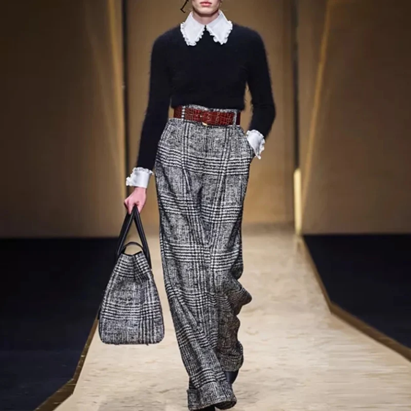 

Women White Shirt Top + Knitted Sweater Vintage Plaid Trousers Elegant Party Office 3 Piece Set Runway Designer High Quality New