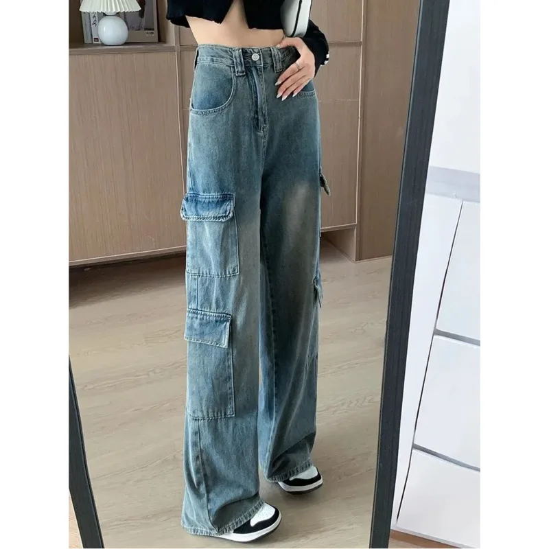 Женские эластичные джинсы-карго с высокой талией в стиле хип-поп свободные брюки