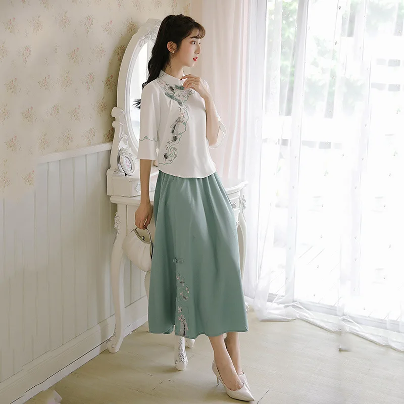 

Традиционный китайский стиль Hanfu ежедневный женский Улучшенный Чонсам Топы + юбка комплект из 2 предметов милый Национальный стиль