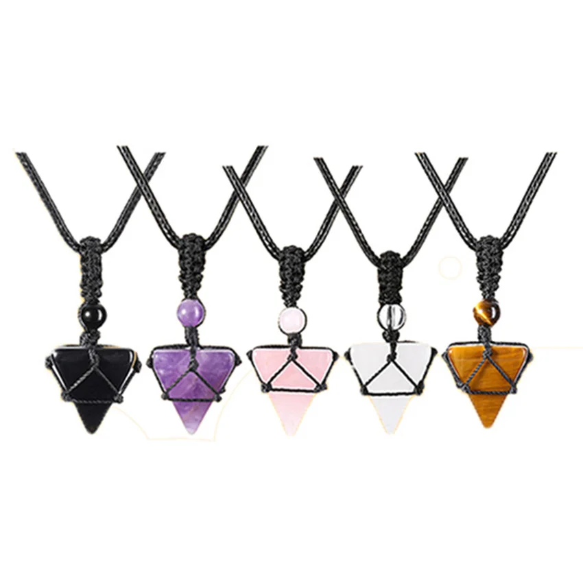 

XSM Healing Crystal Necklace Natural Crystal Stone Pyramid Pendant Necklaces Adjustable Rope Reiki Quartz Jewelry for Men Women