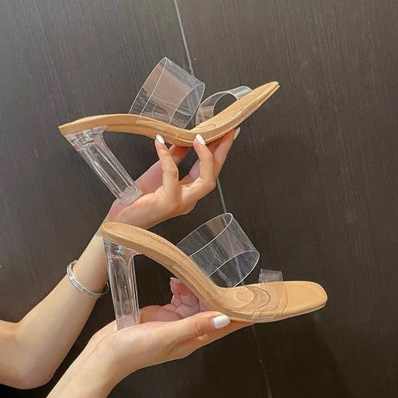

in the Summer of 2021, New Flat Band Transparent Sandals, Female Crystal High Heels, Medium Thick Fairy
