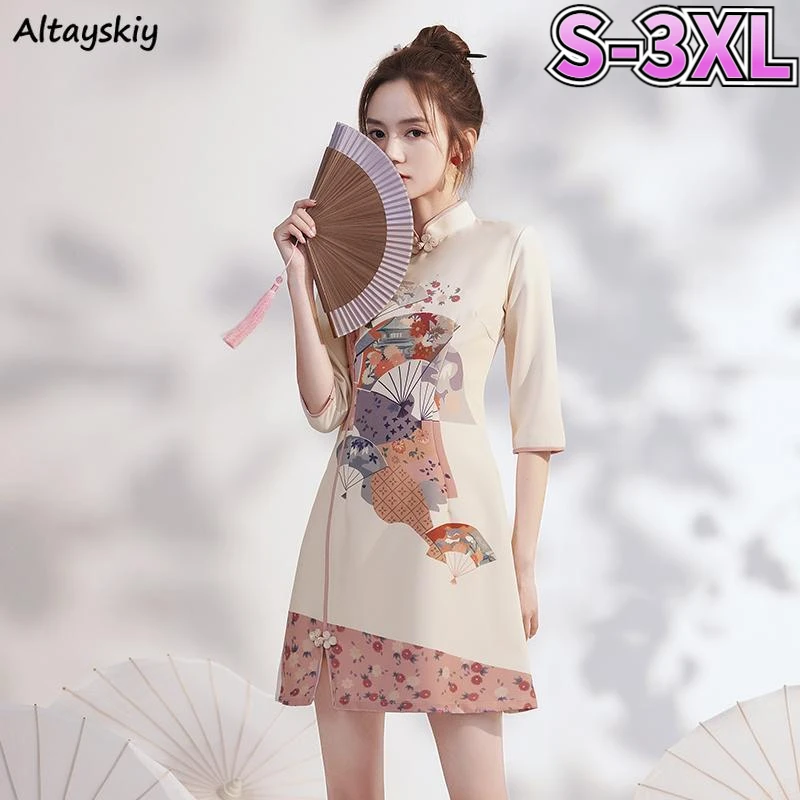 

Women Dresses Vintage Printed Stand Collar Chinese Style Spring Reformed Designs Mini Dress Retro Qipao Female Newest Vestido