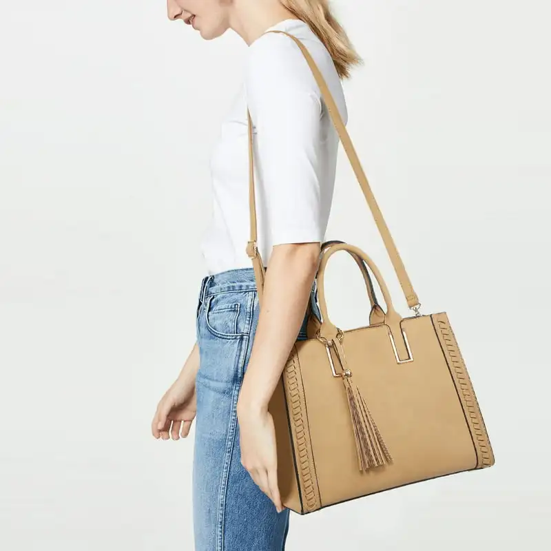 

Fashionable Vegan Satchel Purses for Women, Tote Handbag with Long Strap and Tassel Detail, Perfect for Work and Everyday Use.