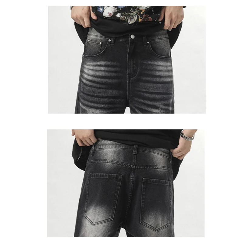 Men's Trend Hip Hop Street Retro Black Washed Jeans American High Street Stacked Pants Fashion Street Men Ins Hot Selling Denim