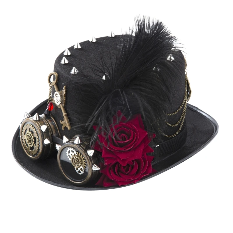 

667E Victorian Gothic Top Hat Gear Goggles Chain Feather Dark Rose Steampunk Hat Halloween Hat for Carnival Party Costume