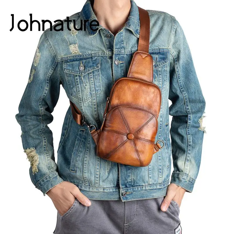 Johnature Vintage Genuine Leather Men Chest Bag Solid Color Versatile Natural Soft Cowhide Outdoor Leisure Crossbody Bags
