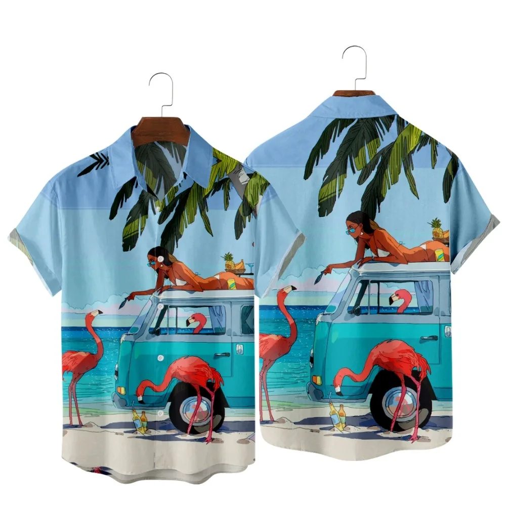 

2022 Flamingo and ATV Vintage Print Shirt, Fashion Casual Vacation Hawaiian Beach, Summer Pocket Shirts for Men and Women