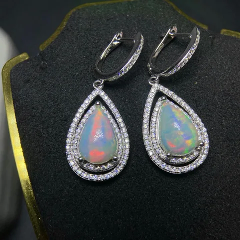 Серьги из серебра 925 пробы с натуральным опалом, 8x12 мм, чистый кристалл, полный огонь, драгоценный камень, висячие ювелирные изделия, подарок для женщин