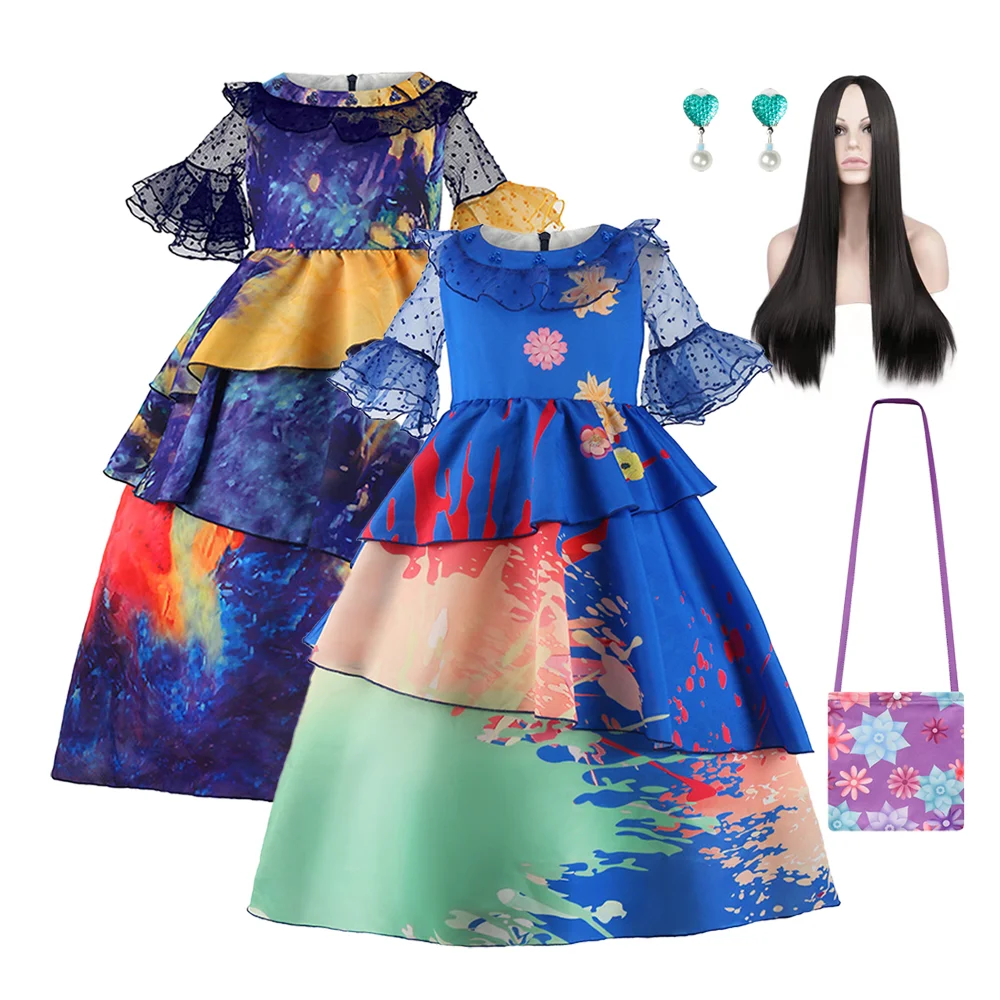 

Encanto Isabela Cosplay Clothes Multicolor Flower Ruffles Long Princess Dress with Bag Earring For Girl Birthday Carnival Party