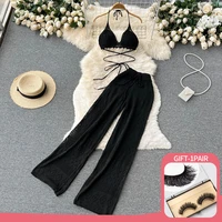 sexy european style women pants and top summer female clothing hollow knitted breathable backless short tops wide leg pants