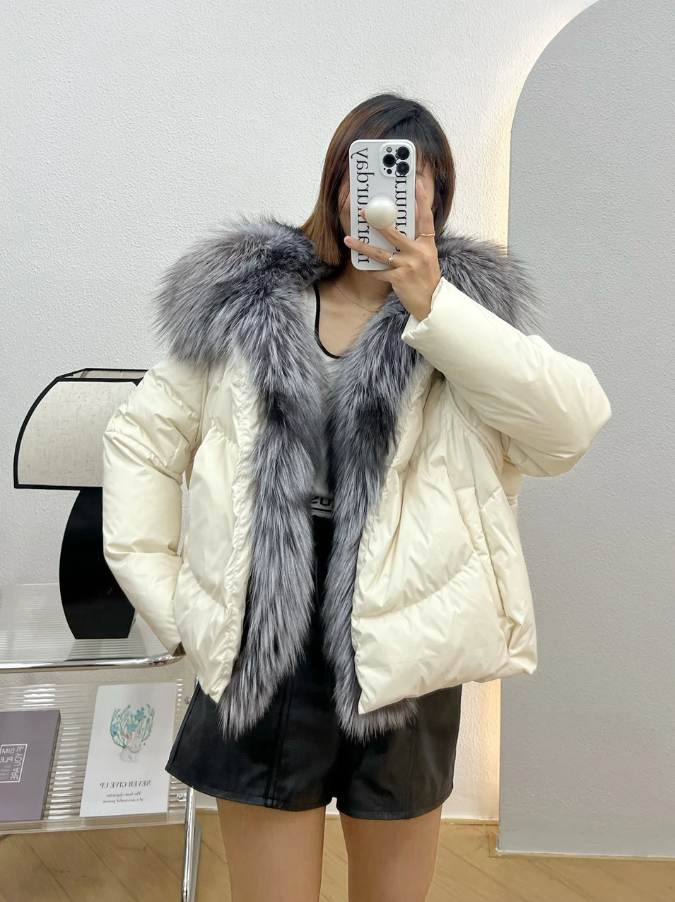 Furyoume High-end Winter Coat Women Thick White Duck Down Jacket Long Real Large Silver Fox Fur Collar Warm Outerwear Luxury enlarge