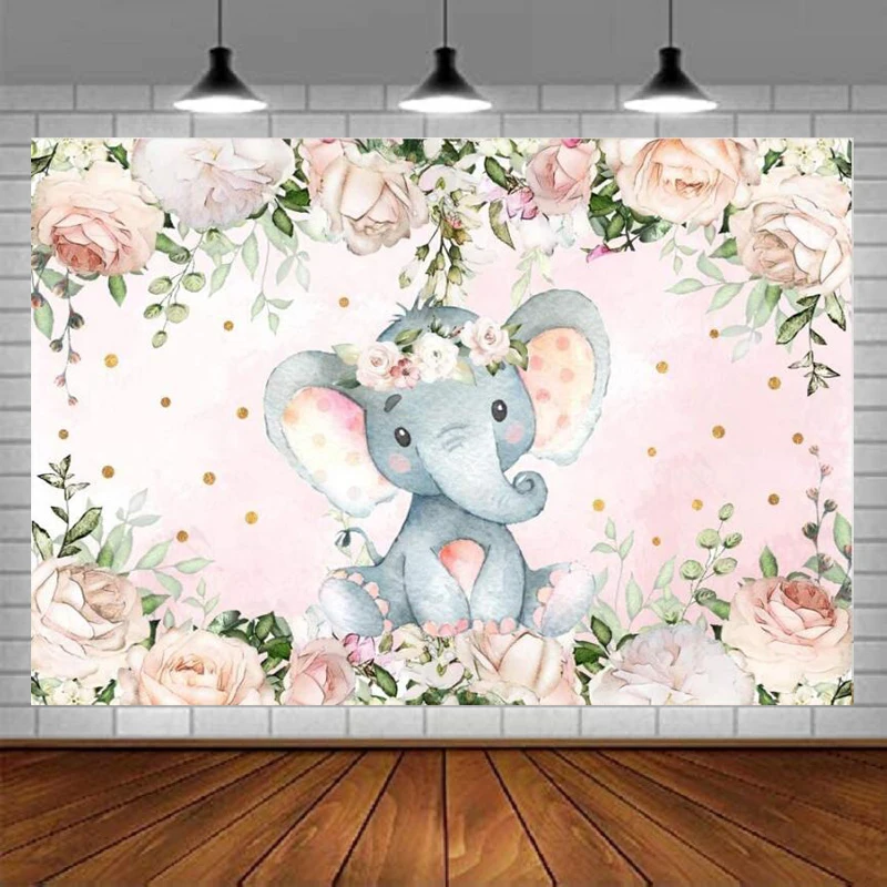 

Elephant Baby Shower Photography Backdrop Gender Reveal Cute Floral Photo Booth Banner Birthday Decoration For Girl Background