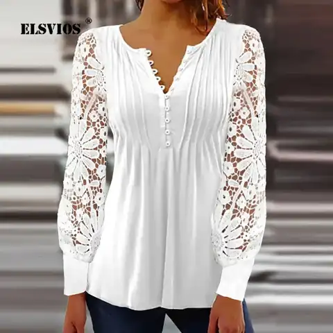 2023 Spring Summer New Lace Long Sleeves Blouses Slim V Neck Long Sleeves Casual Solid Color Pullovers Elegant Commute Women's