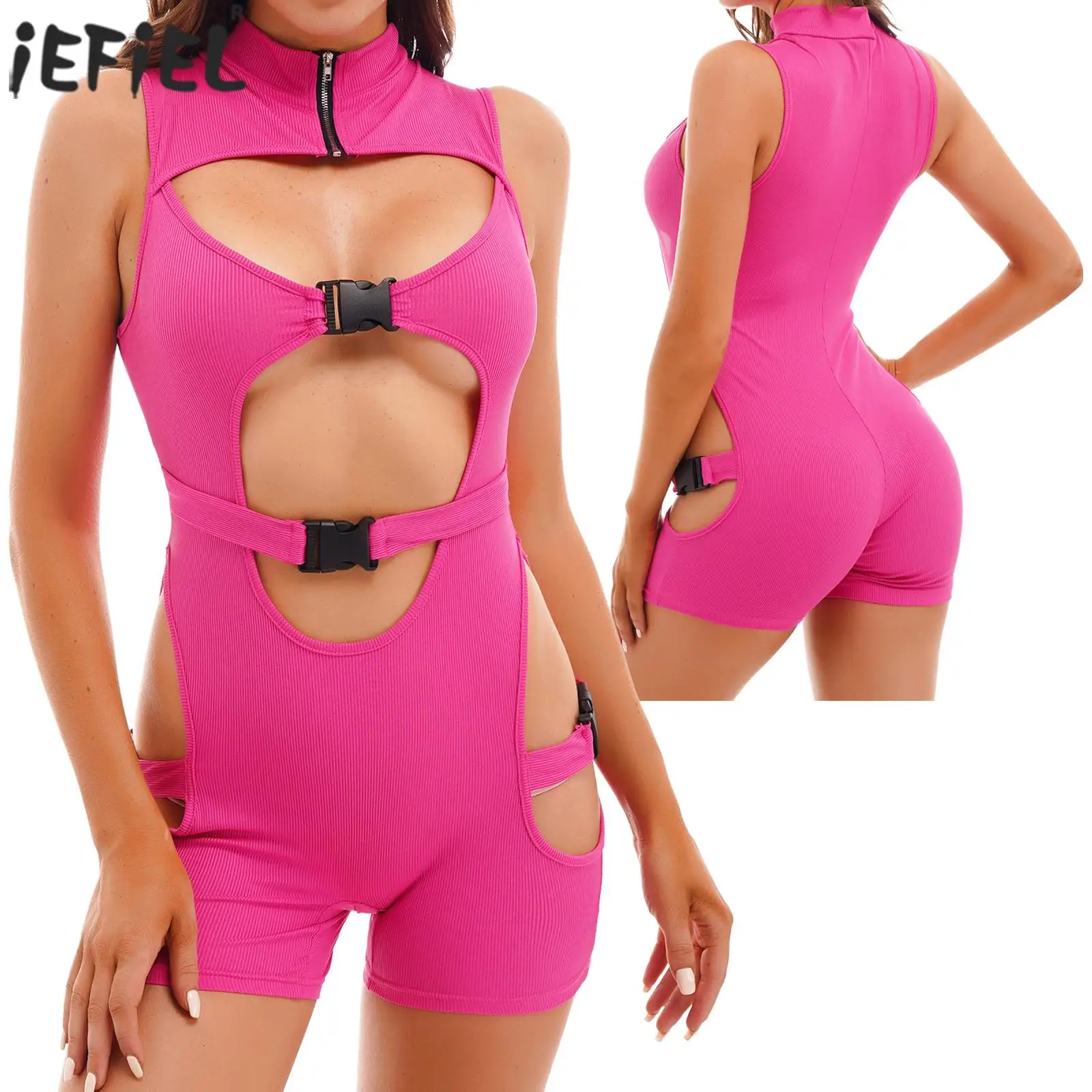 

Womens Fashion Hollow Out Buckle Cut Out Ribbed Bodysuit Zipper Mock Neck Sleeveless Clubwear Jumpsuits Bodysuit