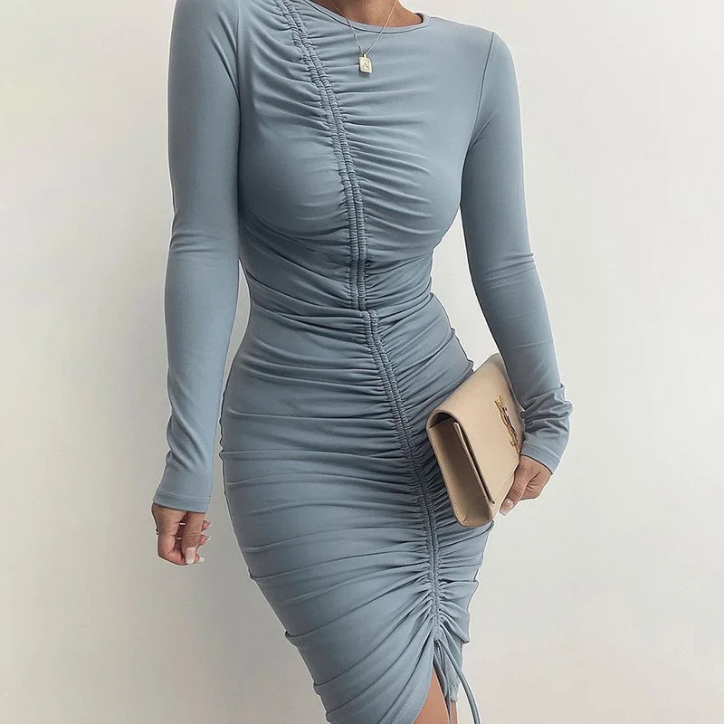 

Zoctuo Women Drawstring Ruched Long Sleeve Dress Bodycon Autumn O Neck 2021 Vintage Streetwear Party Elegant Female Dresses