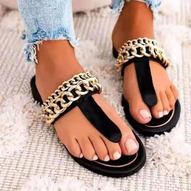 

2022 Summer New Women's Casual Clip Toe Flat Sandals Metal Chain Decoration Fashion Comfortable Hot Sell Outdoor Slippers Shoes