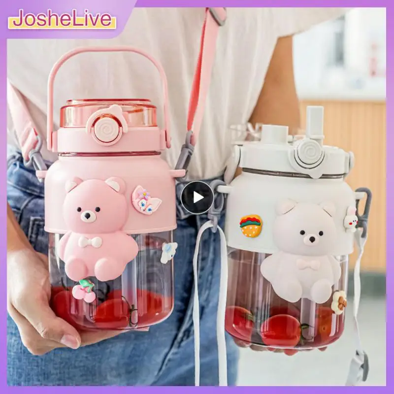 

Water Bottle 1200ml Double Drink Straw Sports Water Bottle Large Capacity Food Grade Material Cute Bear Pipette Cup Plastic