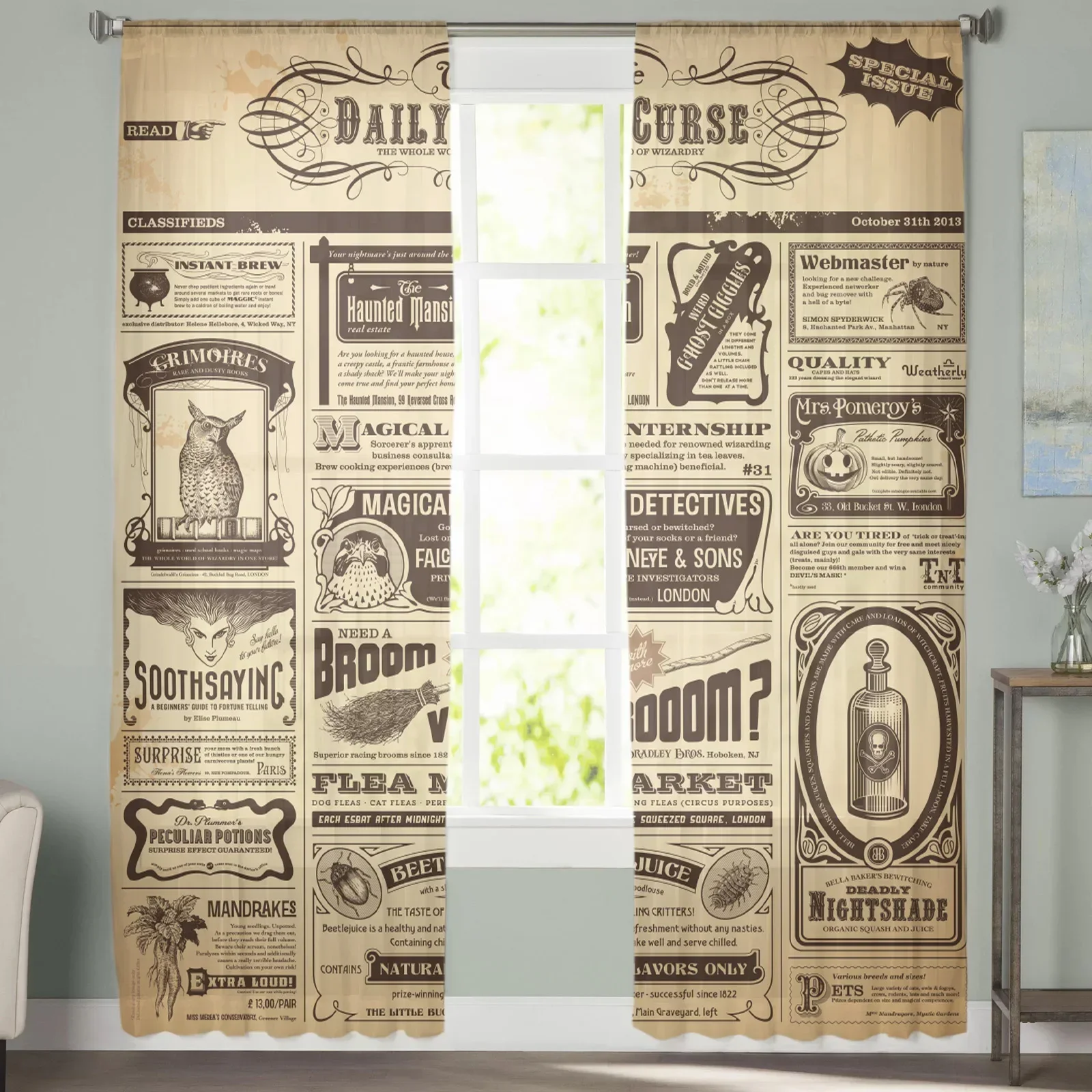 Old Newspaper Festival Halloween Tulle Window Curtains Living Room Organza Sheer Voile Curtain Bedroom Kitchen Home Decor Drape