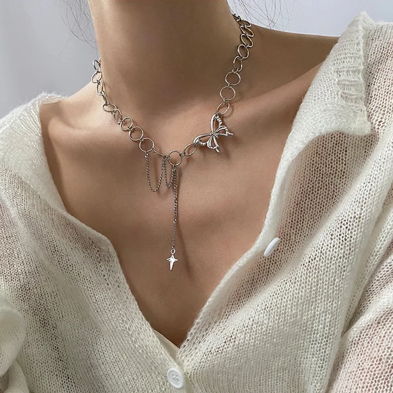 

Bohemian Butterfly Pendant Necklace Silver Color Necklace Layered Lace Chain Necklace Insect Chain Necklace Jewelry for Women