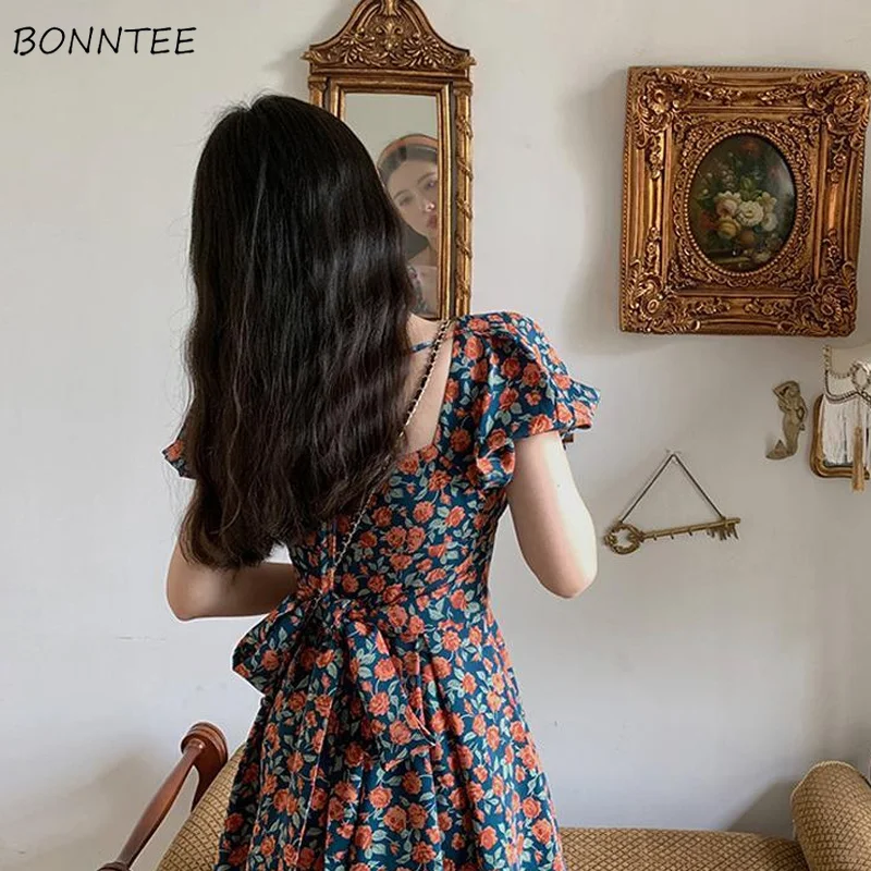 

Short Puff Sleeve Dresses Women Chic French Style Mini Backless Popular High Waist Summer Floral Streetwear A-line Sweet Retro