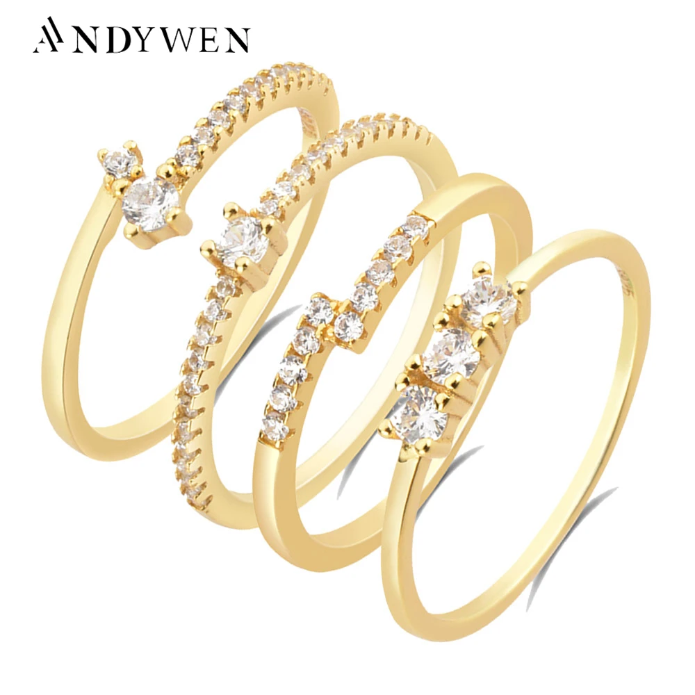 

ANDYWEN 925 Sterling Silver Gold Anillo Clear Zircon Rings Cross Women Luxury Jewel Round Oro Line Thin 2021 Wedding Jewelry