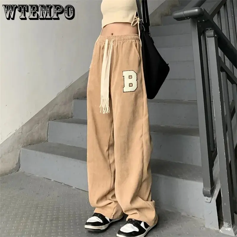 

WTEMPO Vintage Loose Streetwear Wide Leg Pants Women High Waist Elastic Y2k Sweatpants Lace Up BF Harajuku Straight Trousers
