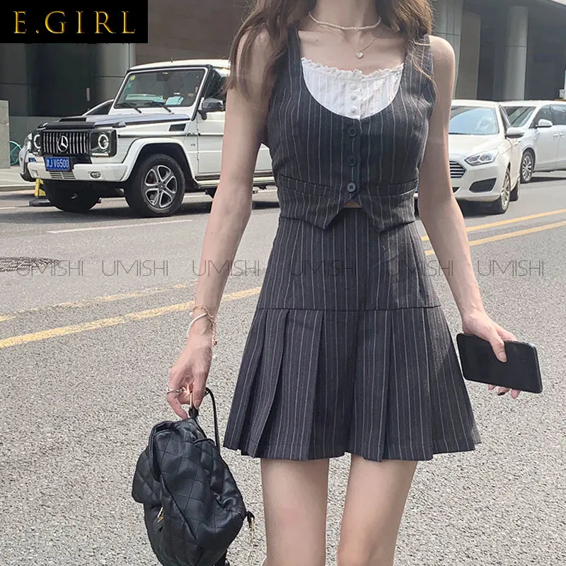 Striped Lace Buttons Patchwork Vest Women Two-Piece Suit Mini Pleated Skirt Summer Sexy Kawaii Crop Top Japanese School Clothes