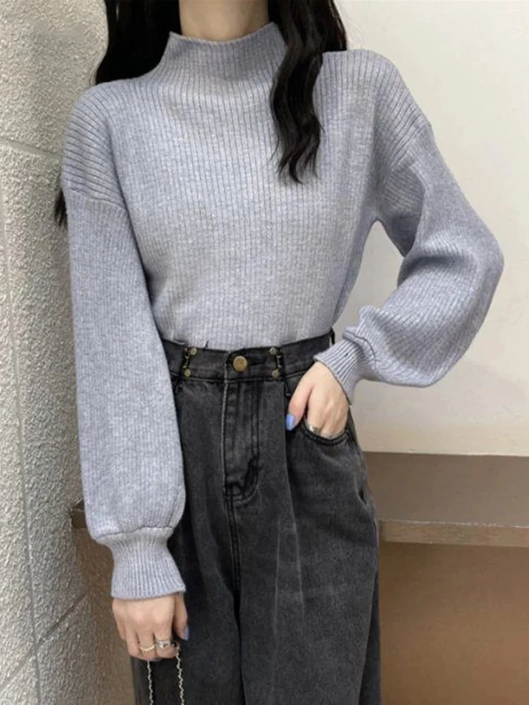 Новинка Женский вязаный пуловер с рукавами-фонариками модный офисный Однотонный