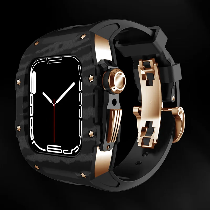 Carbon Fiber Titanium Alloy Case Modification Kit for Apple Watch 7 45mm Fluorine Rubber Strap for iWatch 6 SE 5 4 44mm Band Set