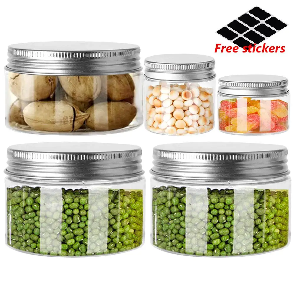 

40pcs Storage Jars Clear Aluminum Cap Round Canister 30ml-150ml Travel Bottle Pot Balm Plastic Container Refillable Wide Mouth