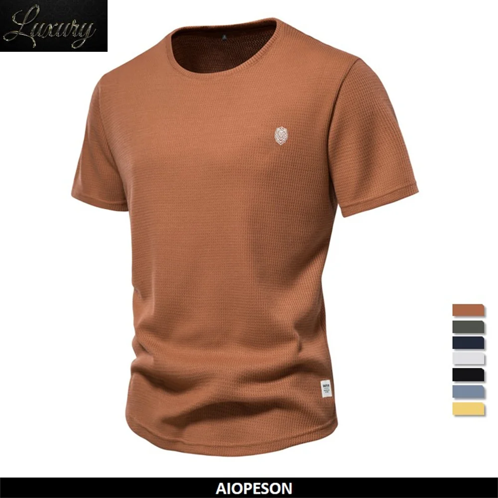 

Waffle Men's t-shirts Solid Color O-neck Short Sleeve Casual T-shirts for New Summer Basic Breathable Tops Tee