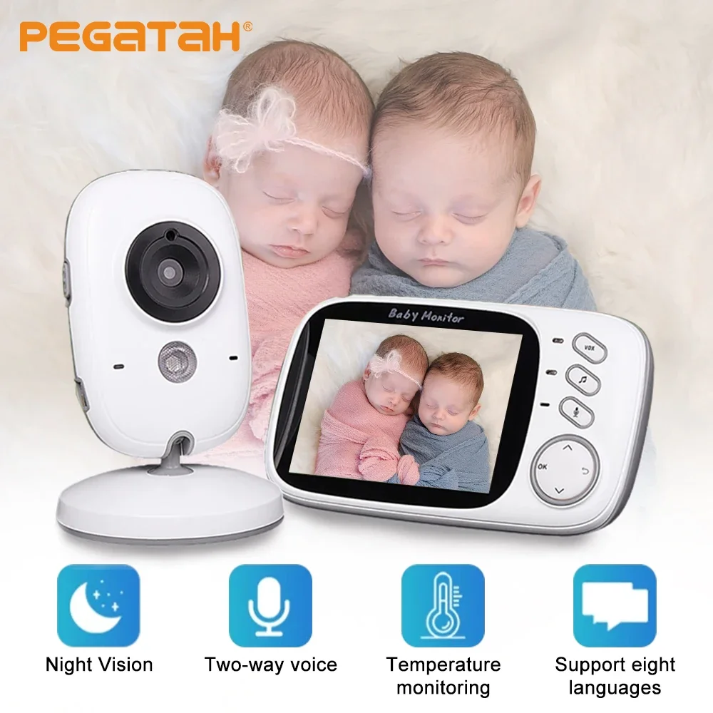 

Беспроводная видеоняня PEGATAH, 3,2 дюйма, Bluetooth, двусторонняя аудиосвязь, ночное видение, мониторинг температуры