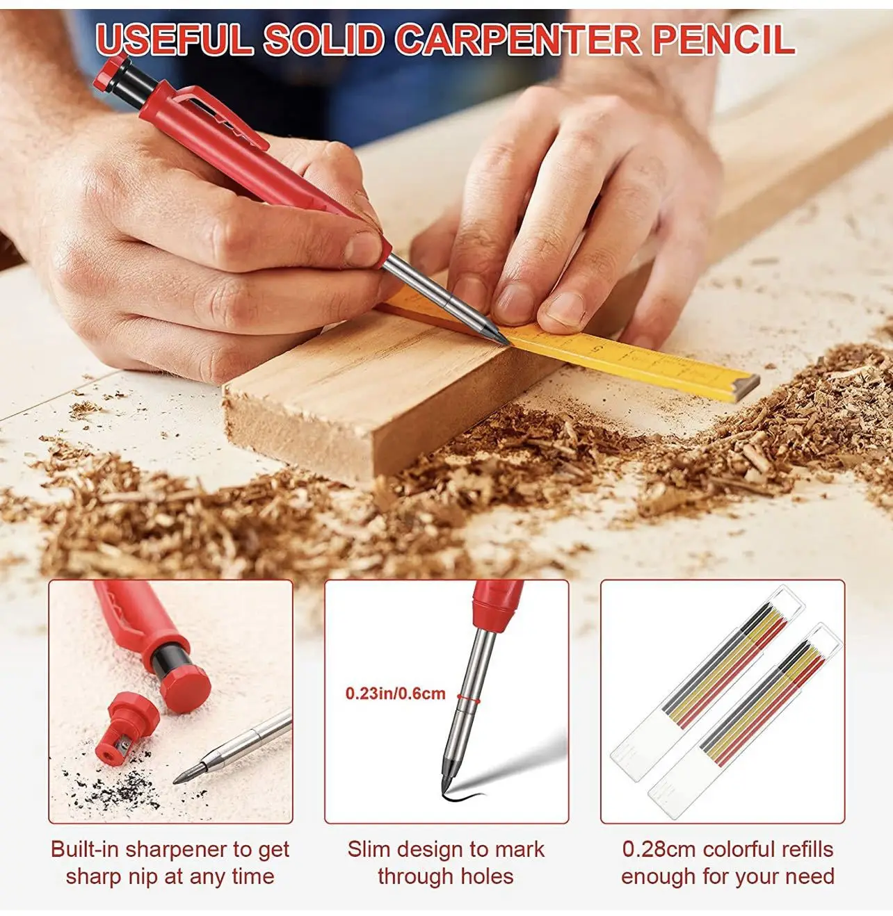 

Solid Carpenter Pencil with Refill Lead and Built-in Sharpener for Deep Hole Mechanical Pencil scribing Marking Woodworking Tool