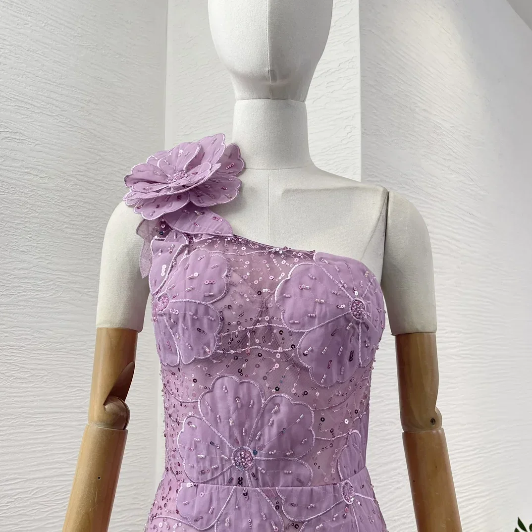2025 Новое фиолетовое платье макси на одно плечо с бисером и блестками высокое