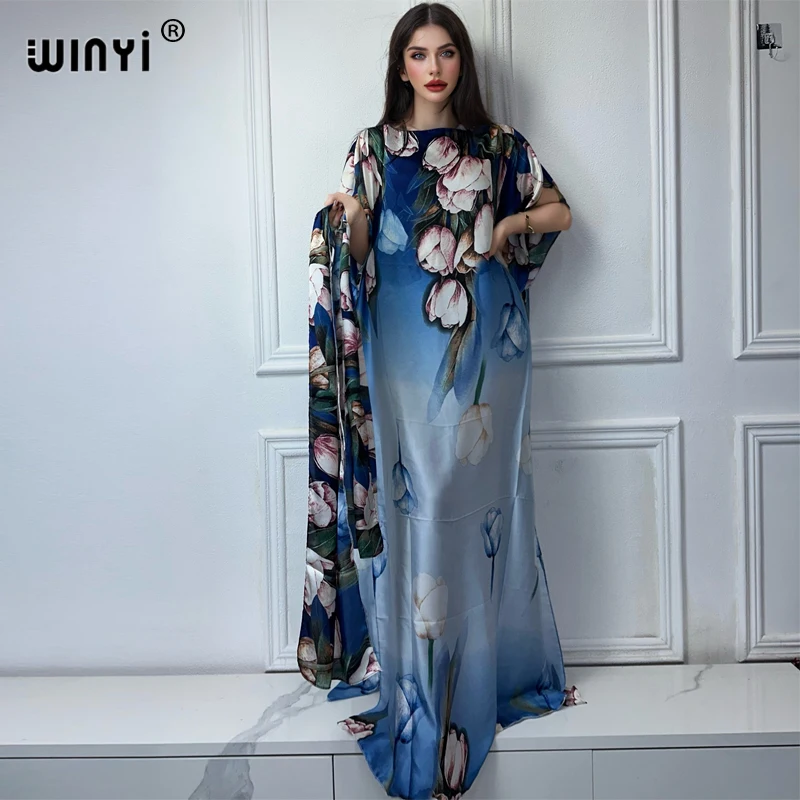 Платье-макси WINYI женское с цветочным принтом и круглым вырезом