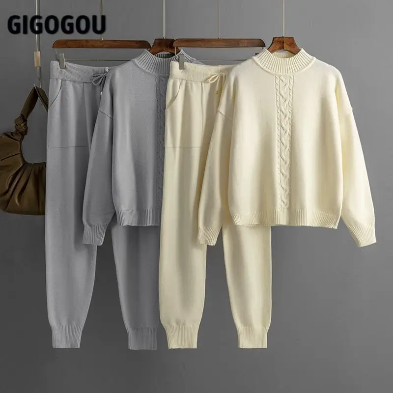 

Top + Fly Peg Harem Pants Suits 2/ Two Pieces Sets GIGOGOU Basics Women Cashmere Turtleneck Sweaters Tracksuits Knit Pullovers