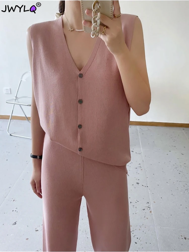 

Summer V-neck Sleeveless Single-breasted Knitted Top+wide Leg Pants Two Piece Set Women New Korean Loose Hit Color Knitted Sets