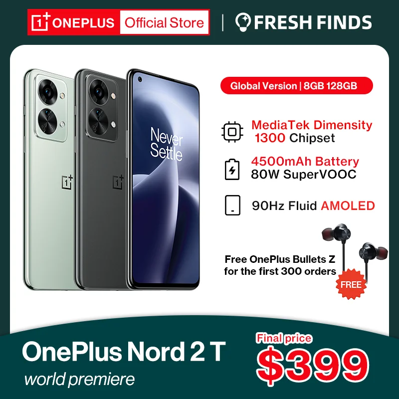 Смартфон OnePlus Nord 2T, 1300 дюйма, 8 + 128 ГБ, быстрая зарядка, 90 Гц, AMOLED, Android