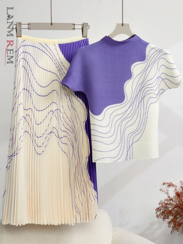 

LANMREM Office Lady Pleated 2 Pieces Set For Women Printed Striped Round Neck Short Sleeves Tops High Waist Fold Skirt 32D146