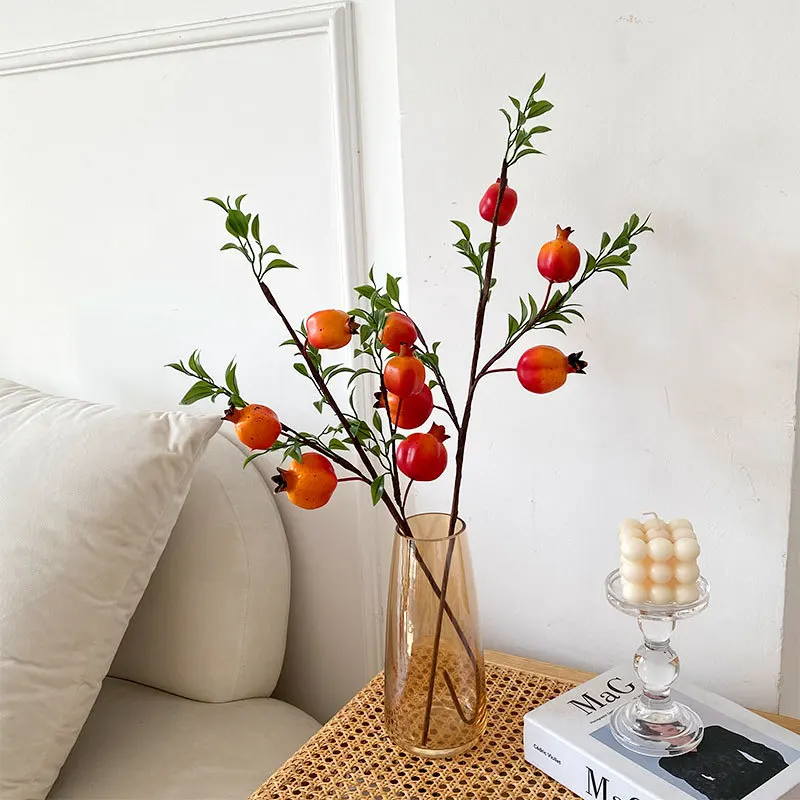 62cm Artificial Pomegranate Branch 5 Fruits Berry Bouquet Wealth Fruit Plastic Fake Plants Home Christmas New Year Decoration