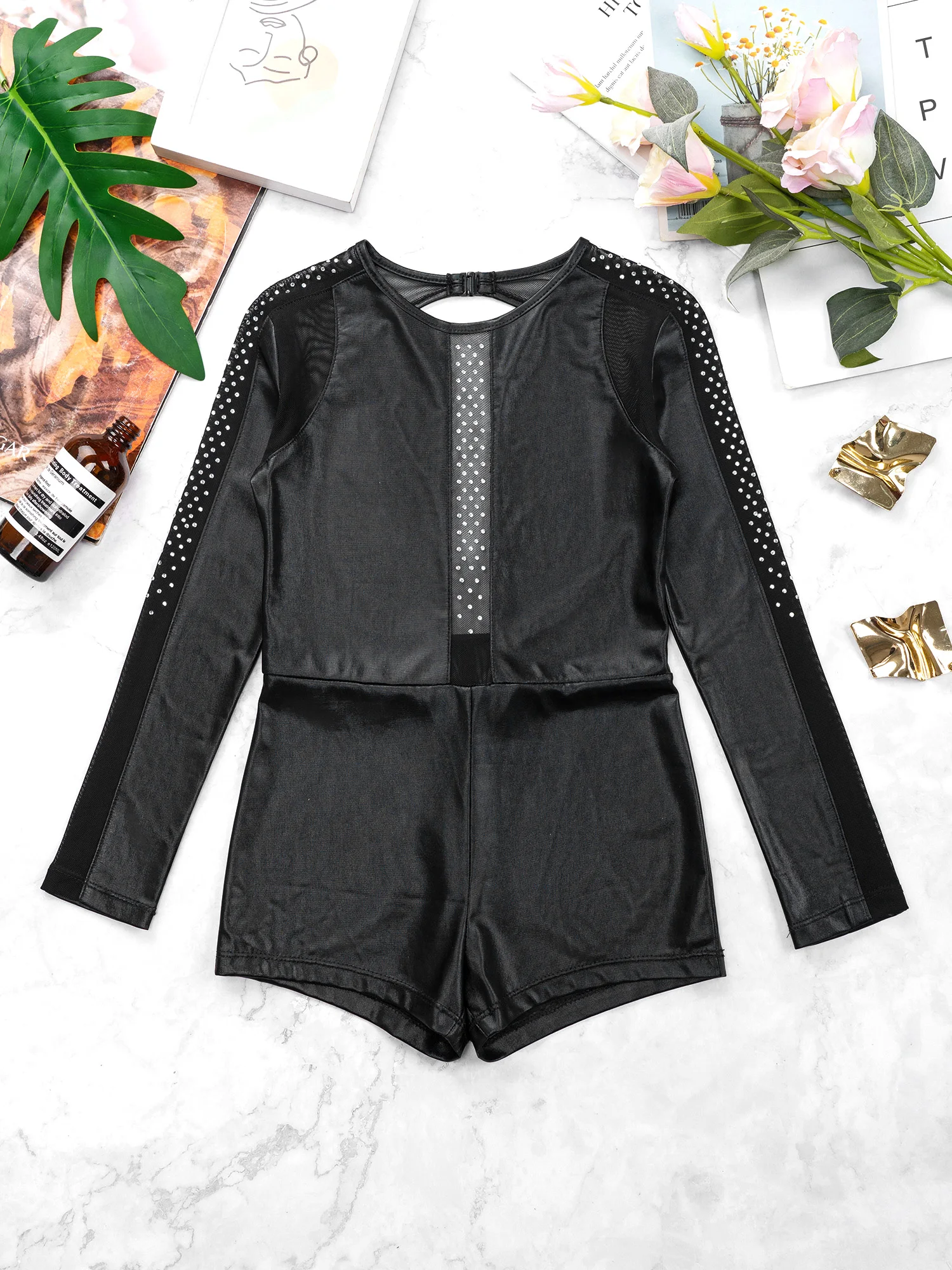 Kids Girls Gymnastic Leotards Long Sleeve Round Neckline Mesh Backless Leather Jazz Dance Jumpsuit Stage Performance Costume