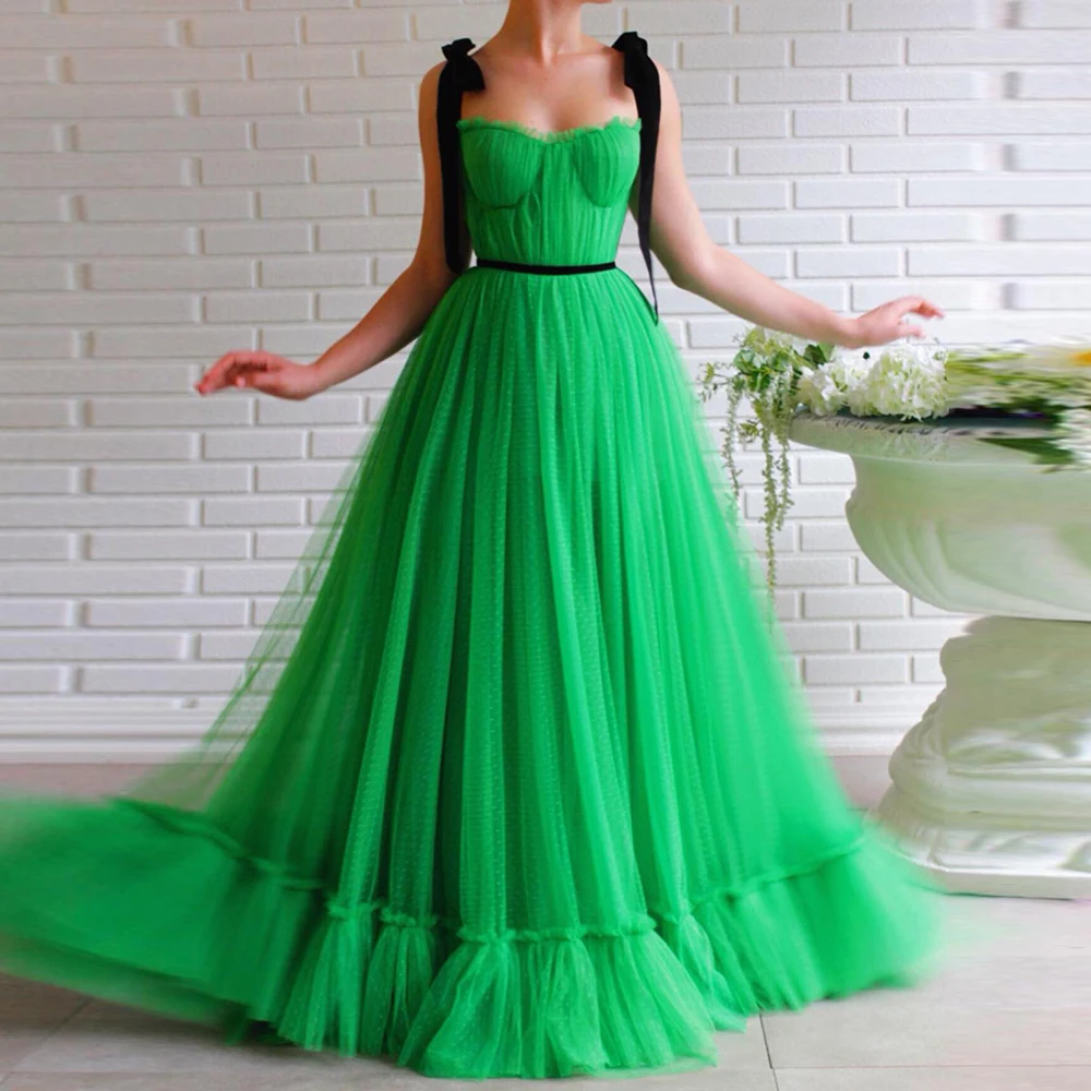 

Elegant Green Dotted Tulle Long Prom Dresses Pleats Velvet Spaghetti Strap A-Line Floor Length With Zipper 2023 Robes De Soirée